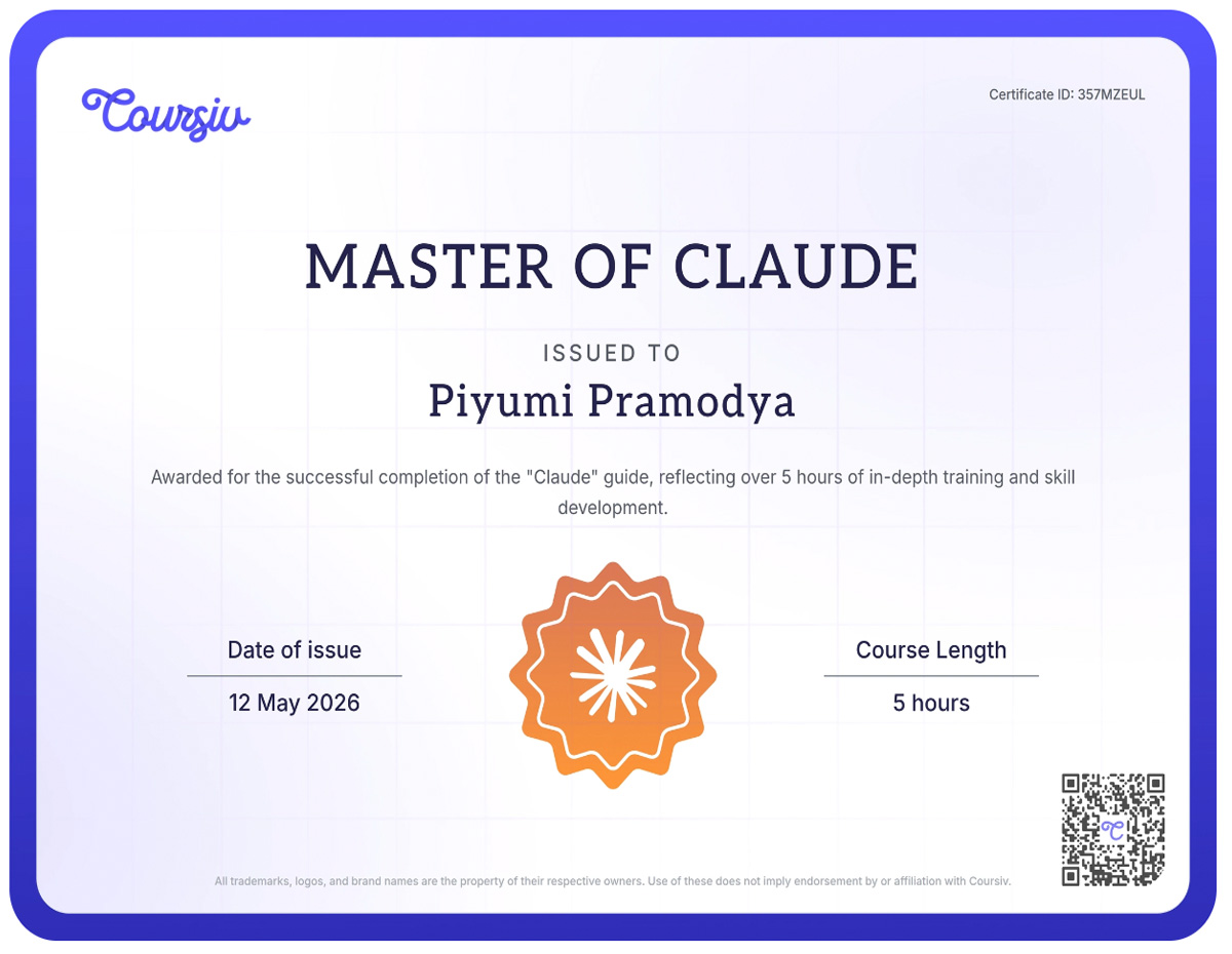 Coursiv certificate of completion: Master of Claude, issued to Piyumi Pramodya, May 2026