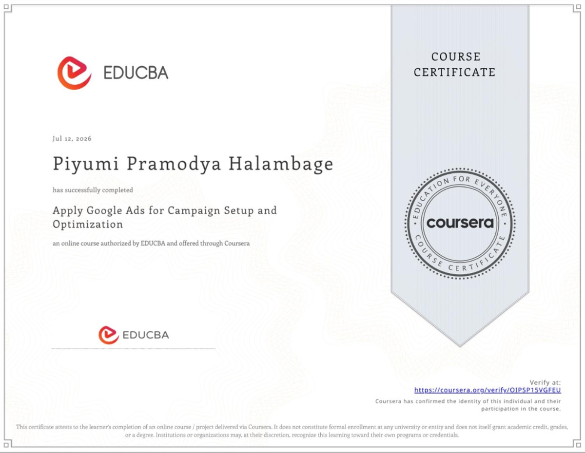 Coursera course certificate: Apply Google Ads for Campaign Setup and Optimization, EDUCBA, July 2026